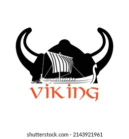 viking logo template, viking helmet and ship illustration