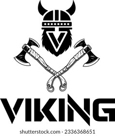 Viking Logo. Vector emblem in black isolated on white background. Style design with crossed Axes and letter V