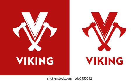 Viking Logo - Vector emblem in red isolated on white and red background. Style design with crossed Axes and letter V.