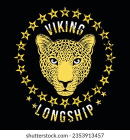 viking longship  Leopard head t  shirt design surrounded by stars black background 