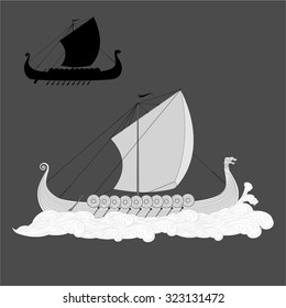 Viking longship in the sea gravure