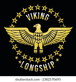 Viking longship. T-shirt design with golden eagle surrounded by stars.