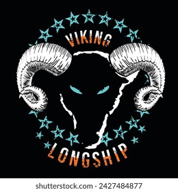 Viking longship. T-shirt design of the head of a goat surrounded by stars on a black background,