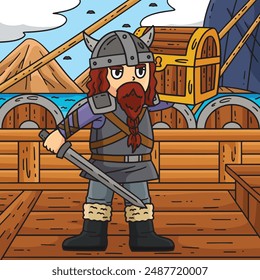 Viking with Loot Colored Cartoon Illustration