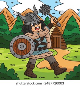 Viking with Mace and Shield Colored Cartoon 