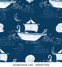 Viking Magic Boat Hand drawing Drawn Ocean Waves and Moon Blue Background Vintage Retro Wallpaper Seamless Pattern