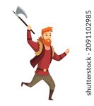 Viking man with axe. Bearded men warrior or hero of scandinavian legends. Cartoon barbarian history character with weapon