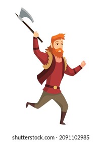 Viking man con hacha. Guerrero de barbas o héroe de leyendas escandinavas. Caricatura bárbara personaje de historia con arma
