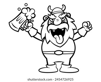 viking man cartoon characters wearing horn helmet and armor. holding a Big glass of beer. Best for outline, coloring book, and logo with nordic themes