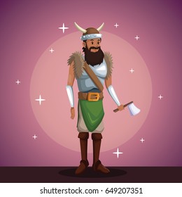 viking man costume party in spotlight background with bright