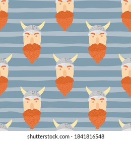 Viking man caras con barba naranja brillante sin costuras. Fondo azul despojado. Fondo de Noruega. Diseñado para el diseño de tejidos, impresión textil, envoltura, cubierta. Ilustración vectorial.