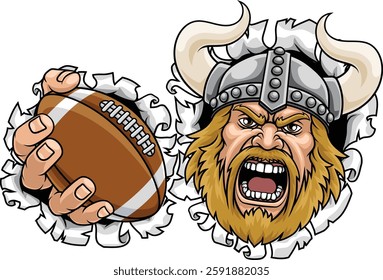 A Viking man holding American Football ball sports team cartoon charcater mascot illustration.