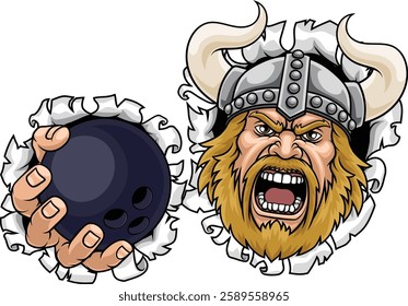 A Viking man holding Bowling ball sports team cartoon charcater mascot illustration.