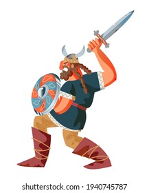 Viking man with sword and shield fighting. Medieval Norway people and mythology vector illustration. Angry scary man with beard and helmet holding weapon isolated on white background.