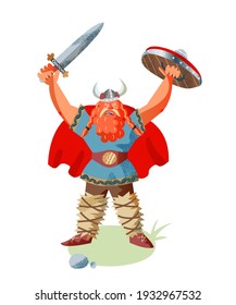 Viking man con espada y escudo ganando. Gente de Noruega medieval e ilustración vectorial de mitología. Hombre de miedo enojado con barba y casco con arma en la victoria aislado de fondo blanco.