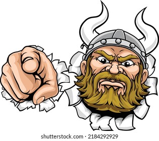 Viking Mascot-Cartoon-Charakter, der auf den Betrachter in einem Bedürfnis oder will Sie Gesten