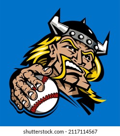 viking mascot holding baseball for school, college or league