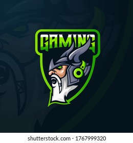 Vector de diseño de logotipo de mascota viking con el estilo de diseño de ilustración moderno para impresión de insignias, emblemas y camisetas. Angry Viking usa una ilustración de auriculares para el equipo deportivo y de deportes electrónicos.