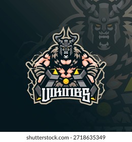 Vector de diseño de logotipo de mascota vikinga. Ilustración de vikingo de cráneo.