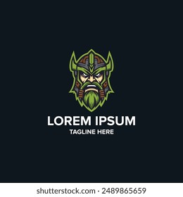  A viking mascot logo with a fierce expression, wearing a horned helmet and holding a shield and sword.