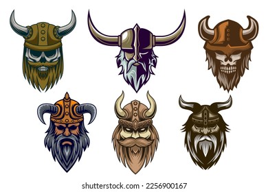 Viking Mascot Logo. Viiking Head Old Man And Skull Mascot Logo Design Set Bundle Vector illustration