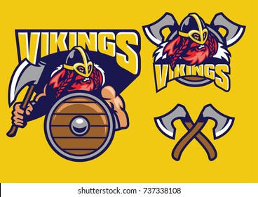 viking mascot set with axes and shield