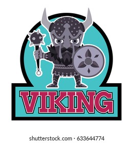 Viking mascot with shield and the red word Viking. Vector illustration of a warrior holding axe and armor. A medieval man in a costume with weapon and shield in hand. Design template.
