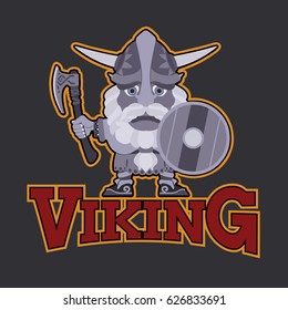 Viking mascot with shield. Vector illustration of a warrior holding axe and armor. A medieval man in a costume with weapon and shield in hand. Isolated characters on a grey background in a flat style.