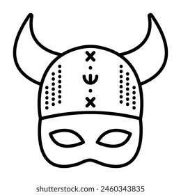 Viking masquerade mask with a hat and horns, scandinavian costume part, single vector black line icon