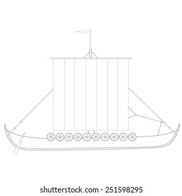 Viking medieval drakkar ship vector isolated, warship, outline drawings