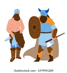 Viking Men Armoured With Axe And Shield Vector. Bearded Muscular Viking Strong People With Knife Weapon Wearing Helmet With Hornes. Characters Guys Warriors Flat Cartoon Illustration