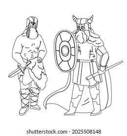 Viking Men Armoured With Axe And Shield Black Line Pencil Drawing Vector. Bearded Muscular Viking Strong People With Knife Weapon Wearing Helmet With Hornes. Characters Guys Warriors Illustration