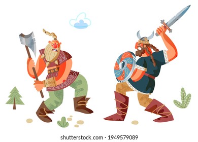 Viking hombres peleando con espada, escudo y hacha. Pueblo noruego medieval en la lucha contra la ilustración vectorial. Hombres furiosos con armas y armaduras de pie aislados en un fondo blanco.
