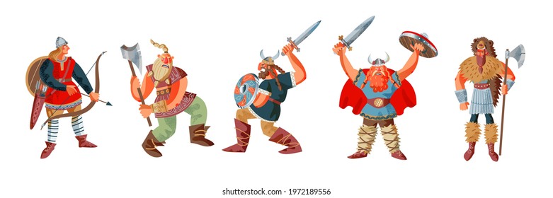 Viking men with weapons set. Medieval Norway people fighting vector illustration. Angry men with arrows, bow, axe, sword, shield and in armour standing isolated on white background.