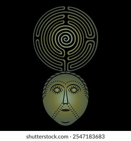 Viking Norse or Celtic mask and a round spiral maze or labyrinth symbol. Stylized human face from ancient Dania. 