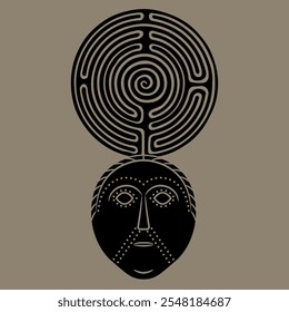 Viking Norse or Celtic mask and a round spiral maze or labyrinth symbol. Stylized human face from ancient Dania. Monochrome silhouette.