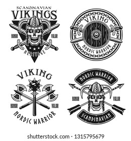 Viking or norse warriors set of vector emblems, labels, badges, logos or t-shirt prints in monochrome vintage style isolated on white background