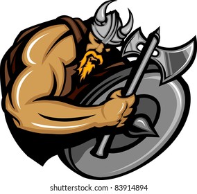 Viking Norseman Mascot Cartoon with Ax and Shield