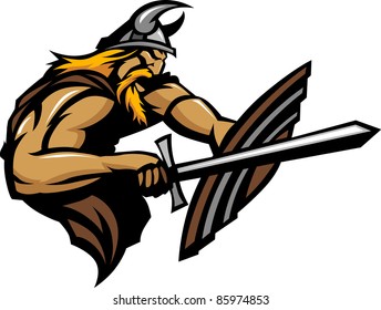 Viking Norseman Mascot Stabbing with Sword and Shield Vector Image