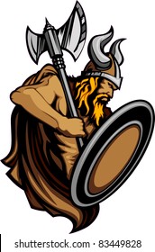 Viking Norseman Mascot Standing with Ax and Shield