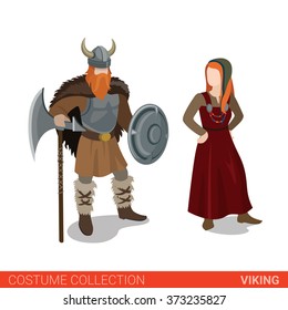 Viking Northern European couple. Flat 3d isometric web site vector illustration. People in traditional costume collection.