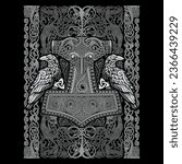 Viking Old Celtic Scandinavian design. Hammer of God Thor, two Ravens and Celtic patterns drawn in vintage retro style, isolated on black, vector illustration