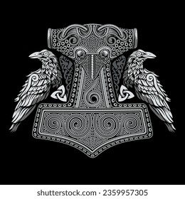 Viking Old Celtic Scandinavian design. Hammer of God Thor, two Ravens and Celtic patterns drawn in vintage retro style, isolated on black, vector illustration