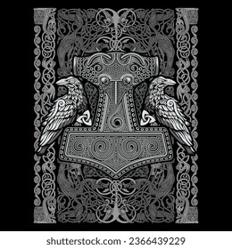 Viking Old Celtic Scandinavian design. Hammer of God Thor, two Ravens and Celtic patterns drawn in vintage retro style, isolated on black, vector illustration svg