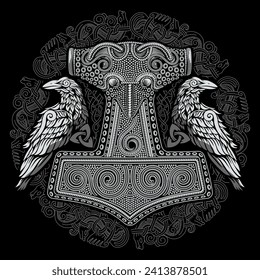 Viking Old Celtic Scandinavian design. Hammer of God Thor, two Ravens and Celtic patterns drawn in vintage retro style, isolated on black, vector illustration