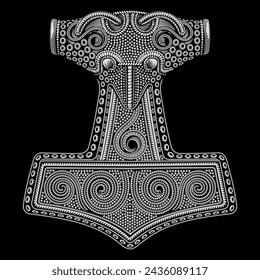 In: Viking Old Celtic Scandinavian Design. Hammer of God Thor und keltische Muster im Retro-Vintage-Stil, isoliert auf Schwarz, Vektor-Illustration