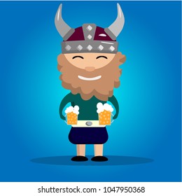 viking on blue background,  ax in hand,  helmet with horns on head, shield near the legs, funny character,  flowers in beard, cute bearded man in a viking costume, gradient, glass of beer in hands