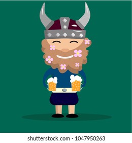 viking on green background,  ax in hand,  helmet with horns on head, shield near the legs, funny character,  flowers in beard, cute bearded man in a viking costume, gradient, glass of beer in hands