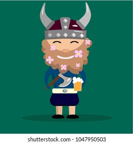 viking on green background,  ax in hand,  helmet with horns on head, shield near the legs, funny character,  flowers in a beard, cute bearded man in a viking costume, gradient, a glass of beer in hand