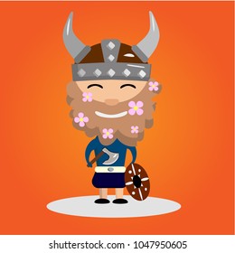 viking on a red background,  ax in hand,  helmet with horns on head, shield near the legs, funny character,  flowers in a beard, cute bearded man in a viking costume, gradient